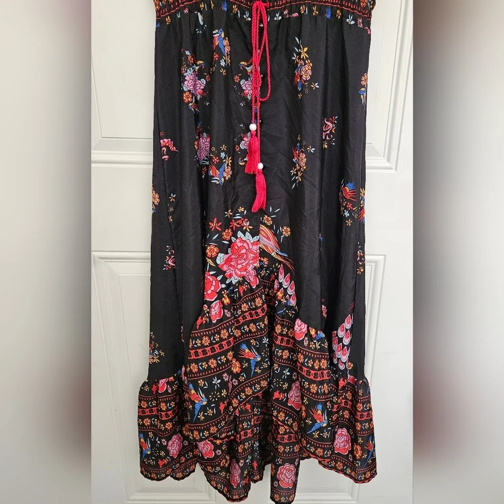 Wish V-Neck Peacock Floral Print Flare Sleeve Bohemian cotton blend Dress size S - Picture 10 of 13